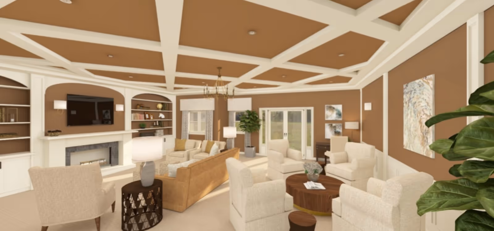 A spacious, well-appointed common living room with multiple armchairs and sofas arranged around a coffee table, a fireplace with TV, coffered ceiling, and French doors to the outside.