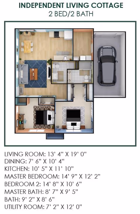 Floor plan of an independent living cottage with 2 bedrooms and 2 bathrooms. The layout includes a living room, dining area, kitchen, master bedroom with master bath, second bedroom, additional bathroom, utility room, and a garage with a parked car. Dimensions for each room are provided below the floor plan.