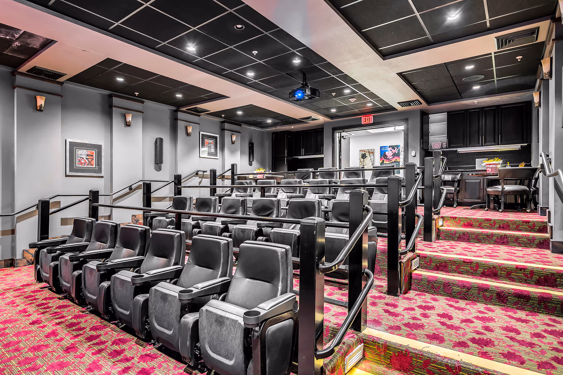 Interior of a small theater room with tiered seating featuring black leather chairs, floral patterned carpet in shades of red and pink, gray walls with framed artwork, and a ceiling-mounted projector. The room has handrails along the steps and a small kitchenette area at the back.