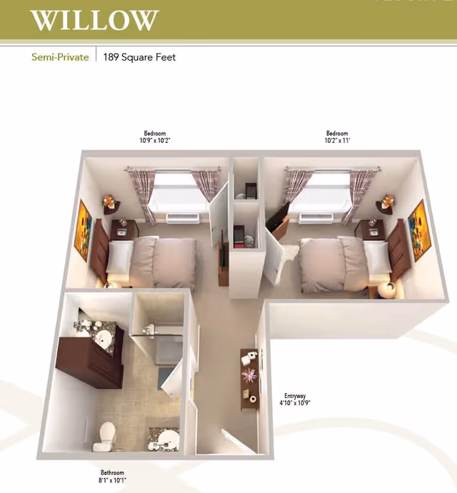 3D floor plan of a semi-private senior living unit named Willow, featuring two bedrooms with beds, nightstands, and windows with curtains. The unit includes a bathroom with a sink, toilet, and shower, and an entryway with a small table and decorations. Dimensions for each room are labeled.