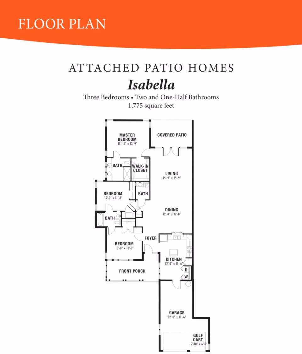Floor plan for attached patio home named Isabella featuring three bedrooms, two and one-half bathrooms, a covered patio, living room, dining area, kitchen, foyer, front porch, garage, and golf cart space, with dimensions for each room.