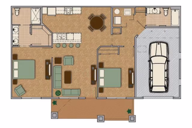 Overhead colored floor plan of a two-bedroom, two-bath apartment with kitchen, living and dining areas, a front porch, and an attached one-car garage.
