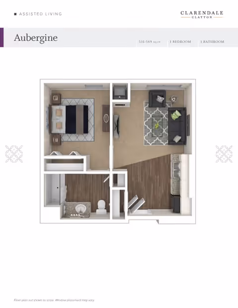 Floor plan of Aubergine assisted living apartment at Clarendale Clayton showing a one-bedroom, one-bathroom layout with a bedroom, bathroom, living room, and kitchen area.