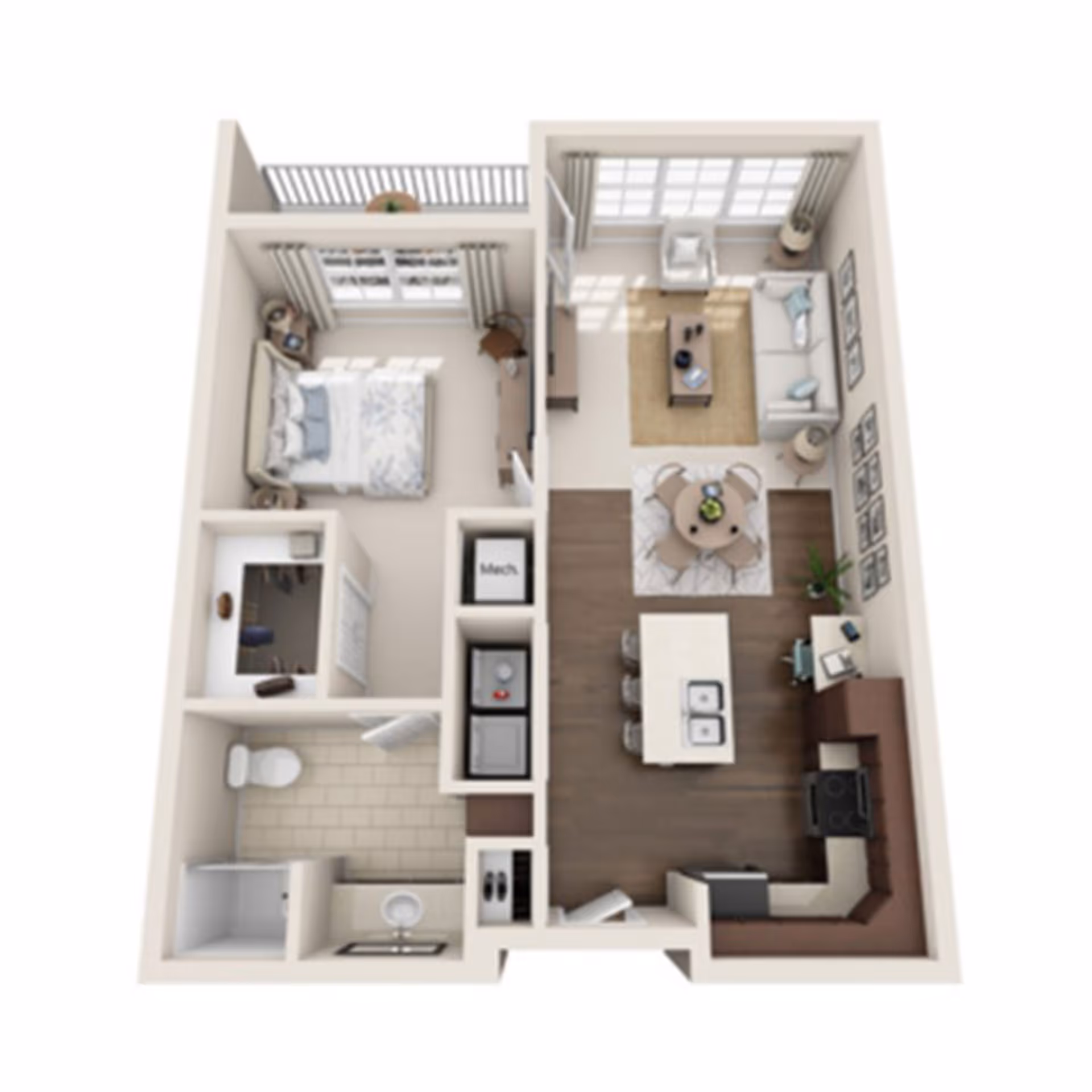 3D floor plan of a one-bedroom apartment featuring a bedroom with a bed and desk, a bathroom with a toilet and shower, a kitchen with an island and appliances, a dining area with a round table and chairs, and a living room with a sofa, armchair, coffee table, and TV. The apartment also includes a balcony accessible from the bedroom.