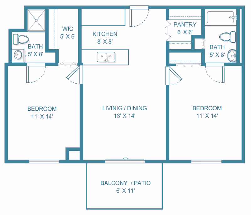 Floor plan of a two-bedroom, two-bath apartment showing kitchen, pantry, living/dining area, walk-in closet, and balcony/patio.