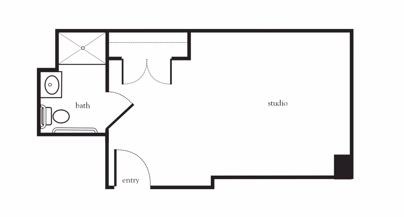 Floor plan of a studio apartment at Atria Maplewood Place showing an entry area, a studio living space, and a bathroom with a shower, toilet, and sink.