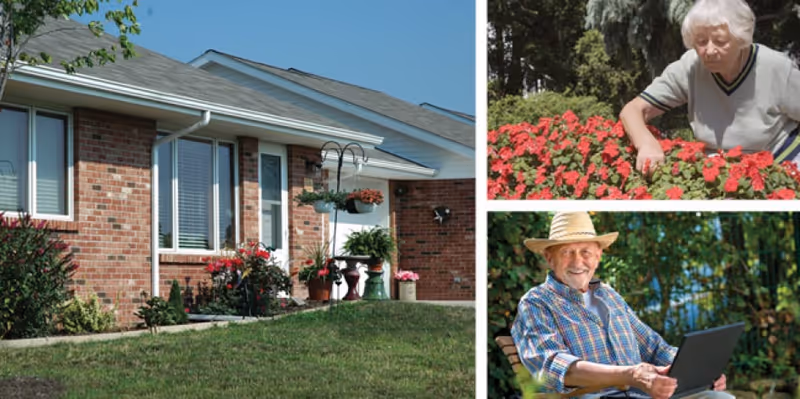 Collage showing the exterior of a brick single-story home with a lawn and flower beds on the left and two photos on the right of an older woman tending flowers and an older man smiling with a laptop.