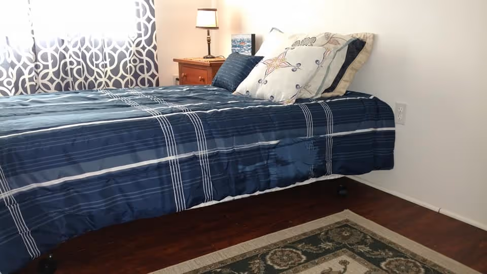 A bedroom with a blue striped bedspread, decorative pillows, a wooden nightstand with lamp, patterned curtains, and an area rug on hardwood floors.
