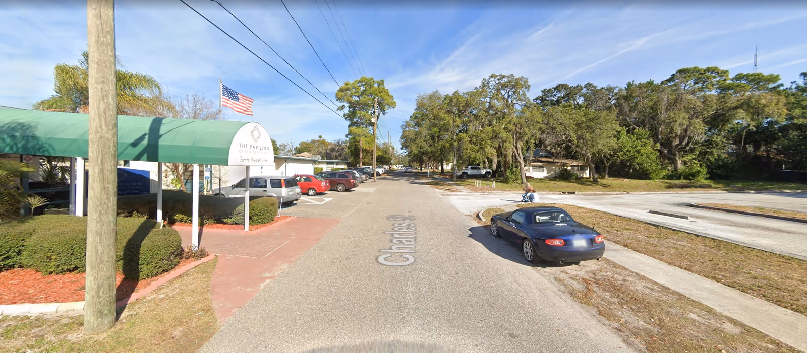 Street view of The Pavilion of New Port Richey entrance with a green canopy, parked cars, and trees along the road.