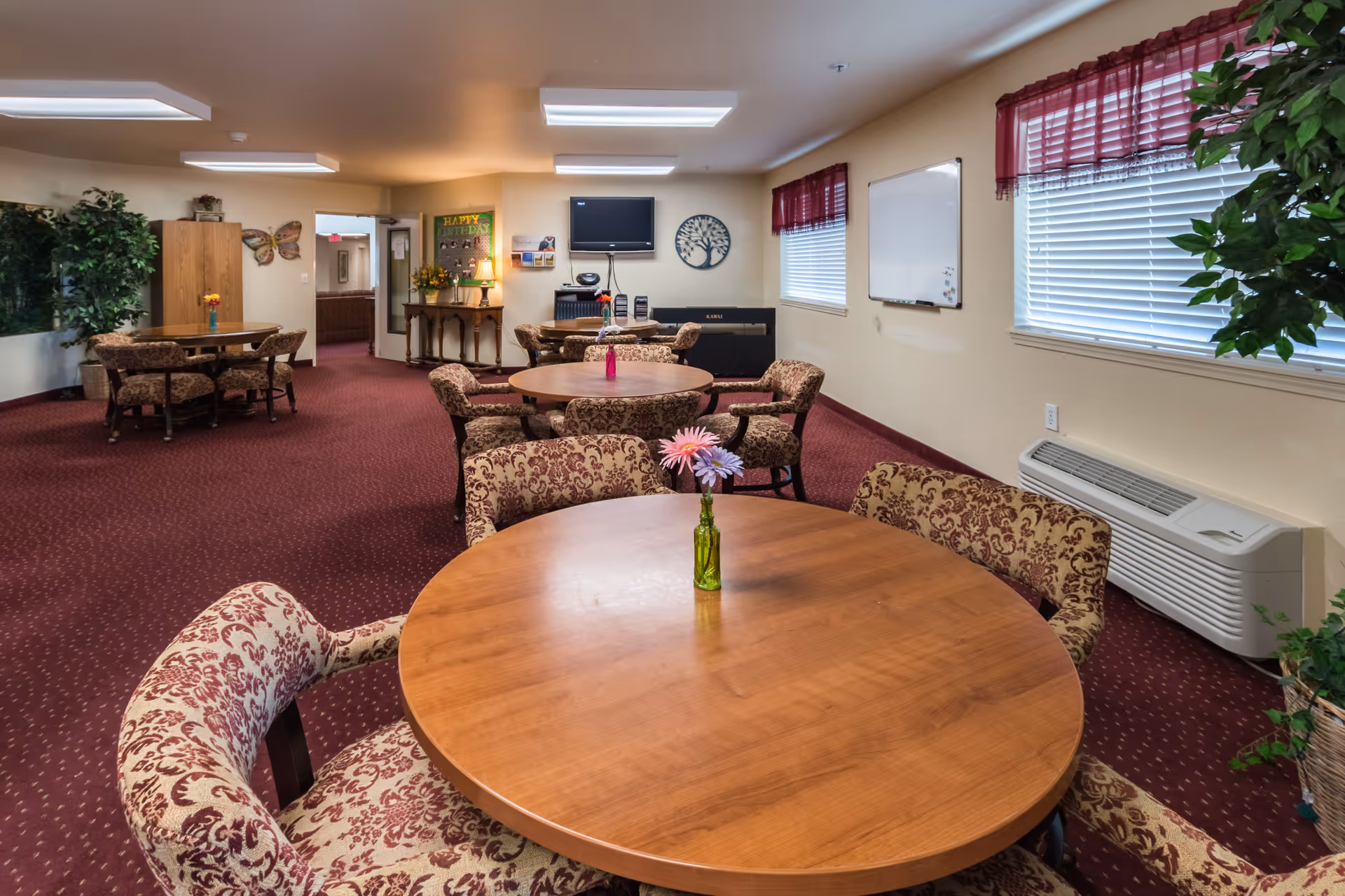 Communal activity/dining room with round wooden tables, patterned upholstered chairs, plants, a wall-mounted TV and a whiteboard.