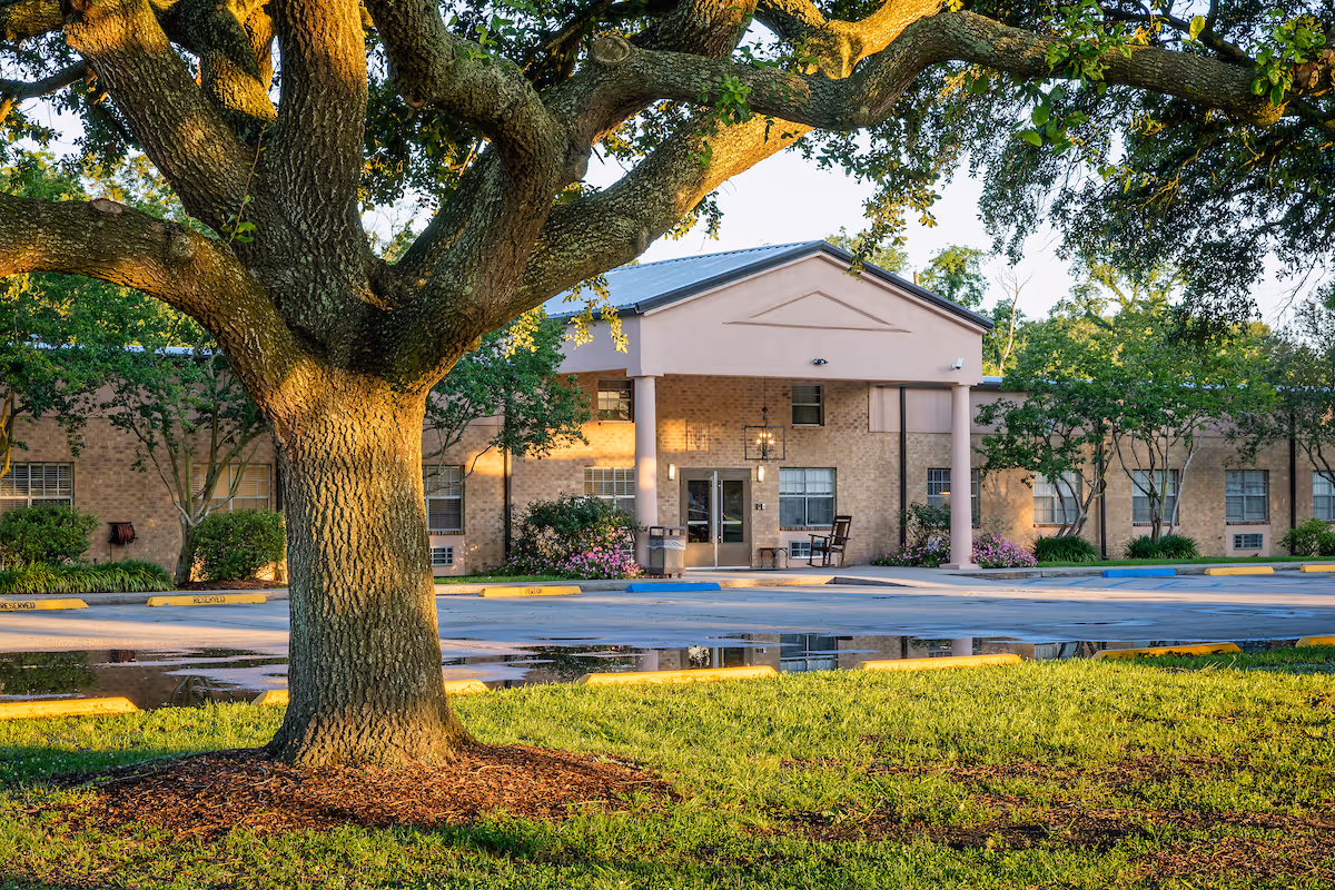 Exterior view of a brick senior living facility with a large tree in the foreground and a covered front entrance.