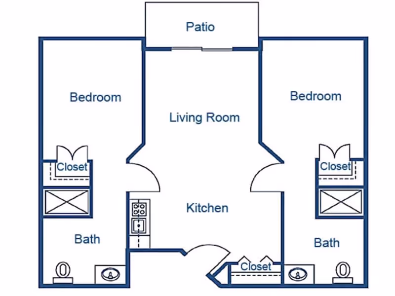 Floor plan of a two-bedroom apartment with two bathrooms, a kitchen, living room, closets, and a patio.