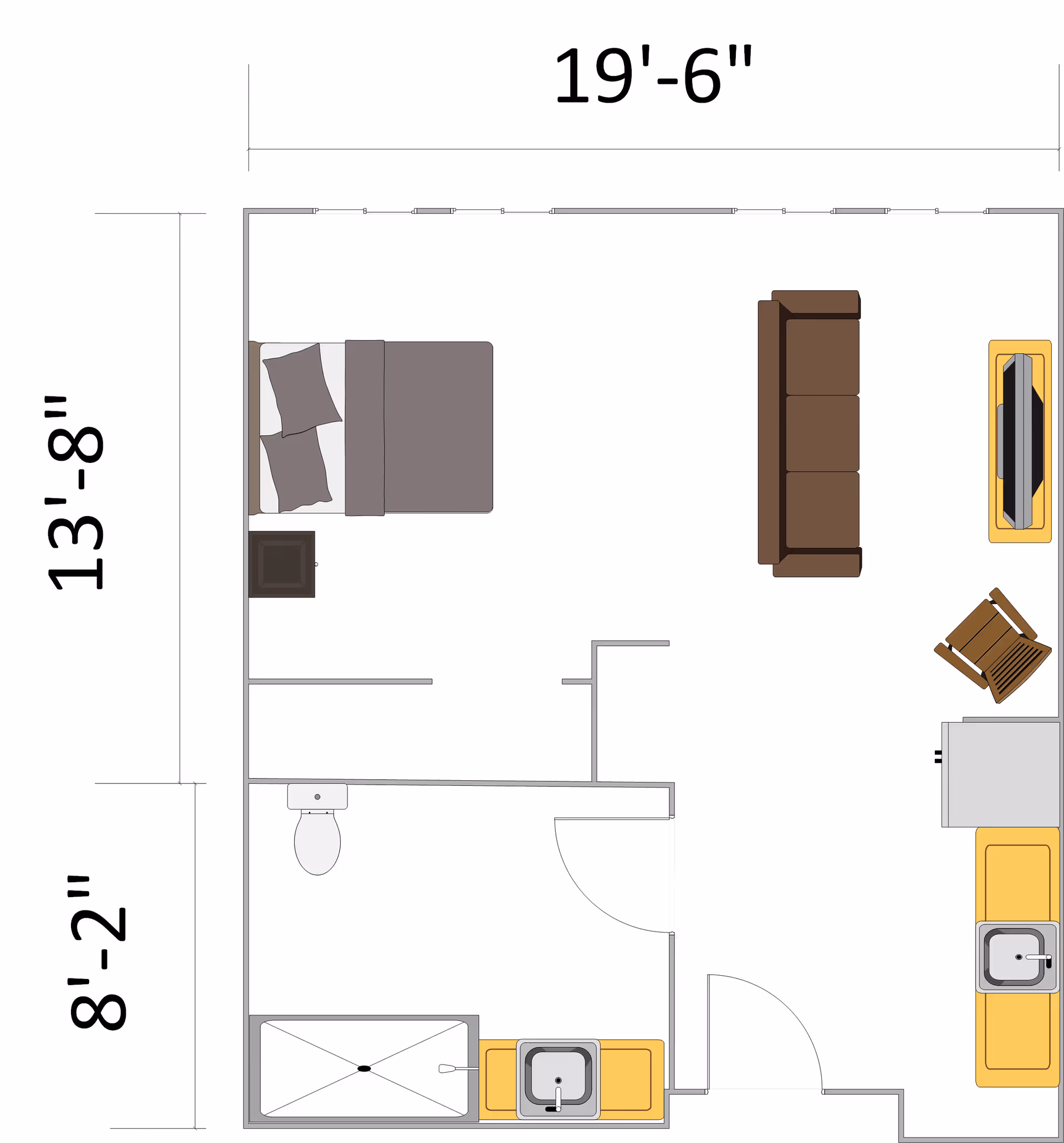 Floor plan of a studio apartment layout showing a combined living and sleeping area with a bed, nightstand, sofa, TV, rocking chair, and kitchenette. There is a separate bathroom with a toilet, shower, and sink. Dimensions of the space are labeled as 19 feet 6 inches by 13 feet 8 inches, with the bathroom area measuring 8 feet 2 inches.