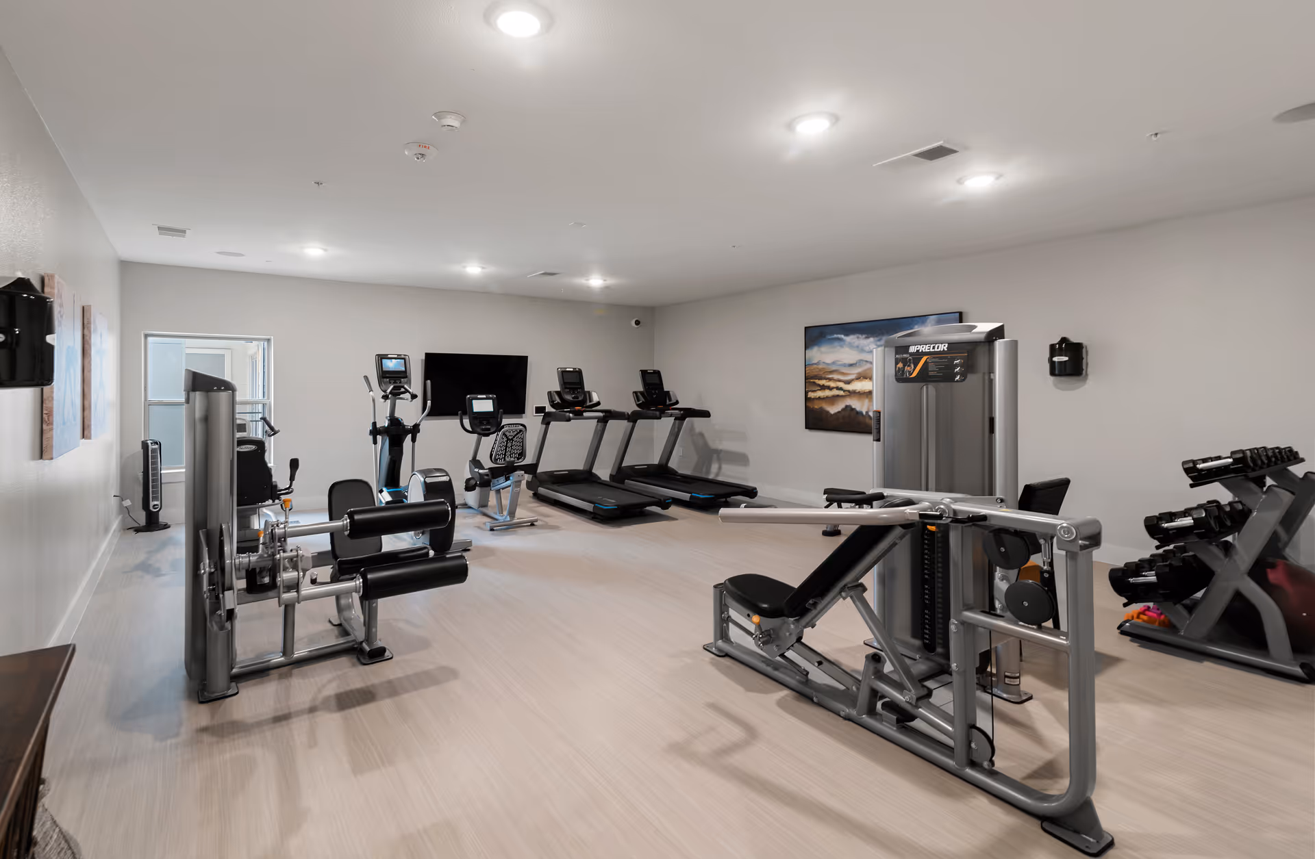 A well-lit fitness room with various exercise equipment including treadmills, elliptical machines, a recumbent bike, weight machines, and a rack of dumbbells. The room has light-colored flooring and walls, recessed ceiling lights, a wall-mounted TV, and a landscape painting on the wall.