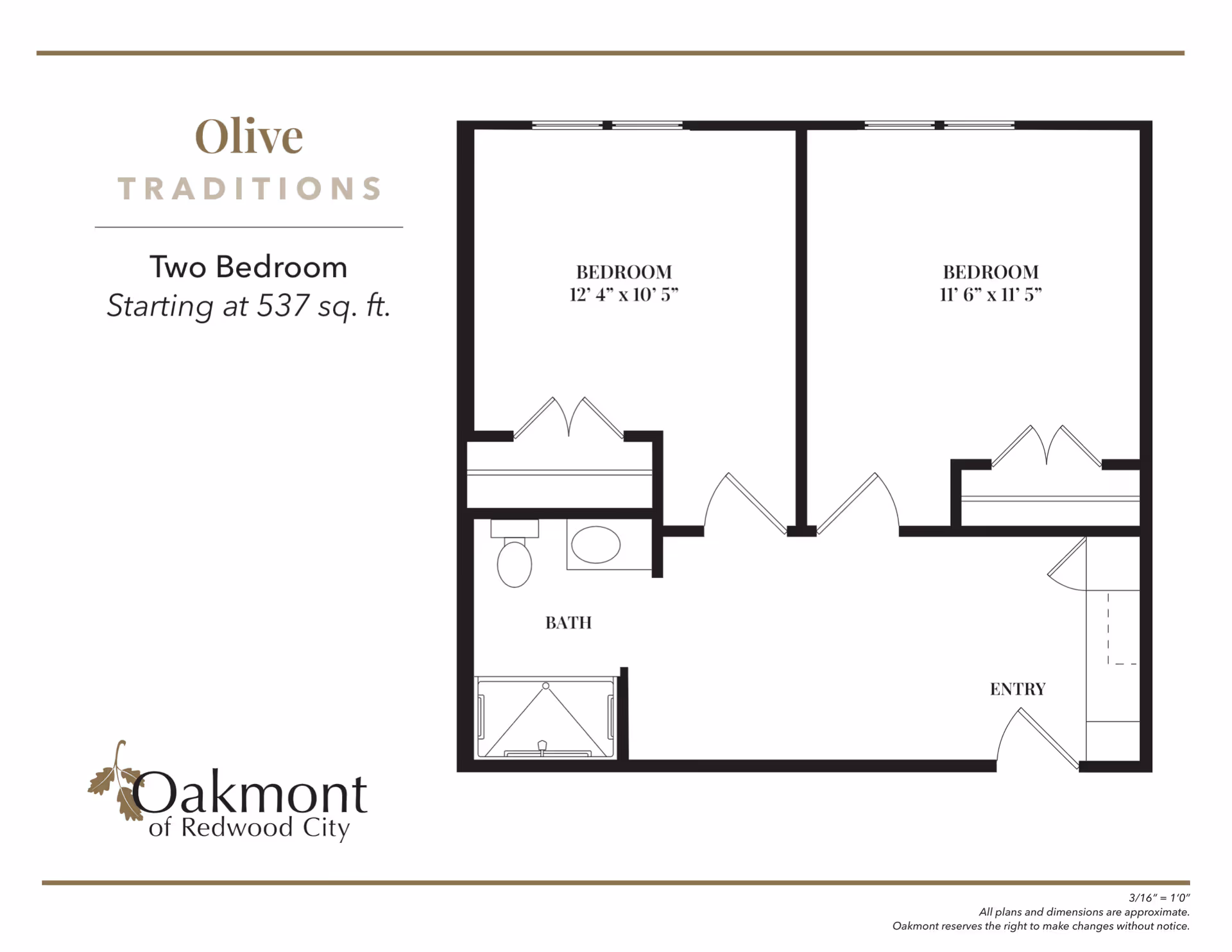 Floor plan of a two-bedroom apartment named Olive Traditions at Oakmont of Redwood City, showing two bedrooms with dimensions 12'4" x 10'5" and 11'6" x 11'5", a bathroom, and an entry area. The total area starts at 537 square feet.