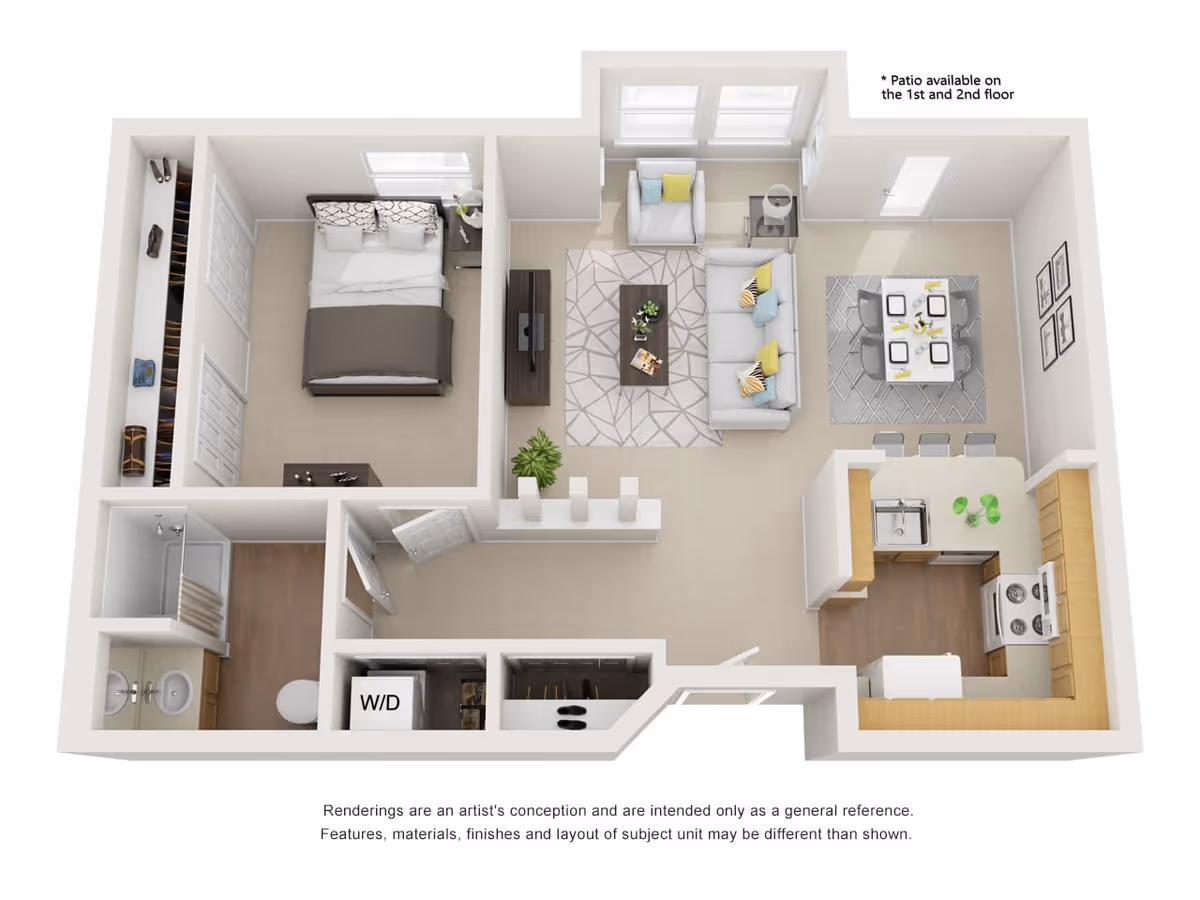 3D floor plan of a one-bedroom apartment featuring a bedroom with a bed and closet, a bathroom with a shower, a living room with sofa and armchair, a dining area with a table and four chairs, and a kitchen with appliances and a countertop. There is a washer/dryer closet near the entrance. The living room has windows and a door leading to a patio available on the 1st and 2nd floor.