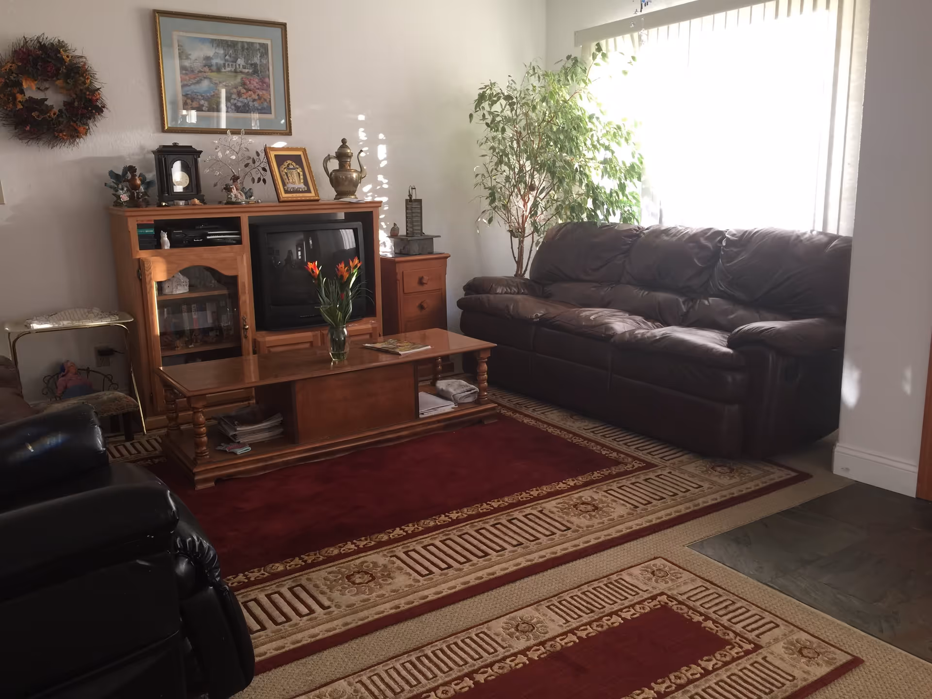A cozy living room with a dark brown leather sofa and a matching armchair. A wooden coffee table with a vase of flowers and magazines sits on a patterned red and beige rug. Against the wall is a wooden entertainment center with a TV, decorative items, and a framed picture hanging above it. A large green plant is placed near a window with white curtains, allowing natural light to brighten the room.