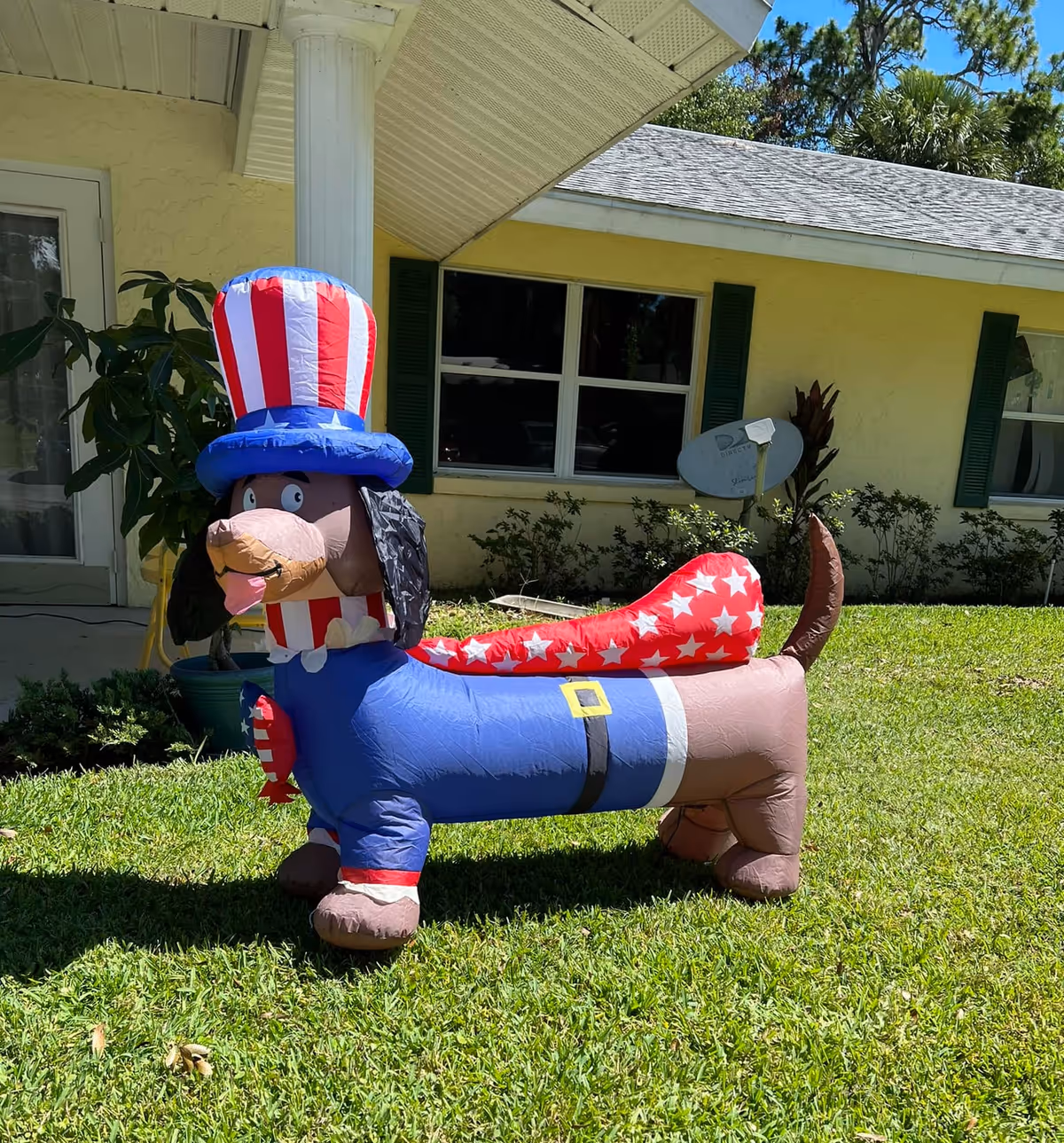 An inflatable dachshund dressed as Uncle Sam on the front lawn of a yellow building.
