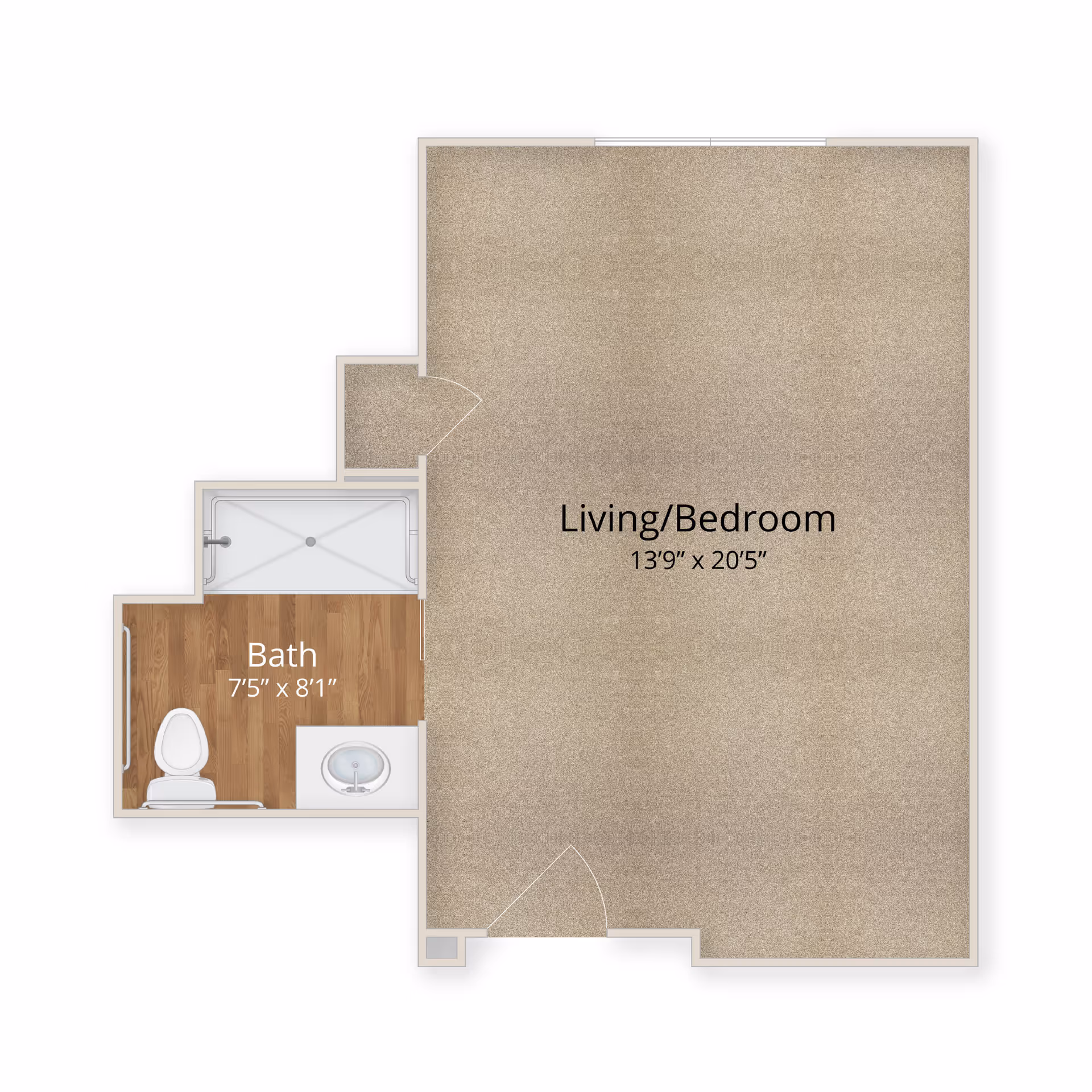 Floor plan of a studio apartment showing a combined living/bedroom (13'9" x 20'5") and a bath (7'5" x 8'1").
