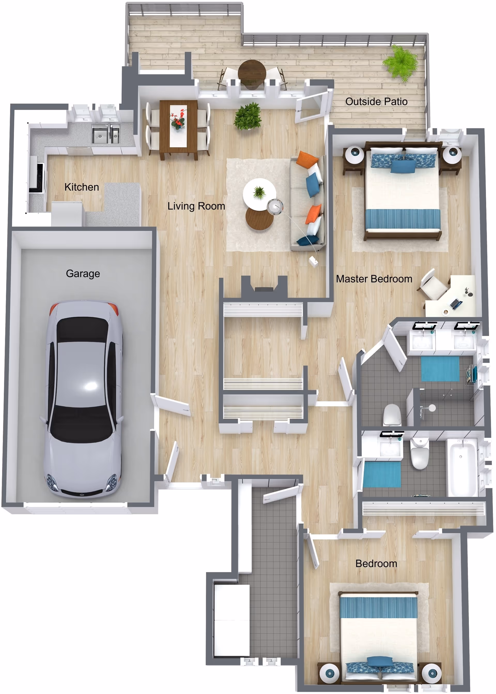 Top-down 3D floor plan of a two-bedroom, two-bath unit with a living room, kitchen, garage and outside patio.