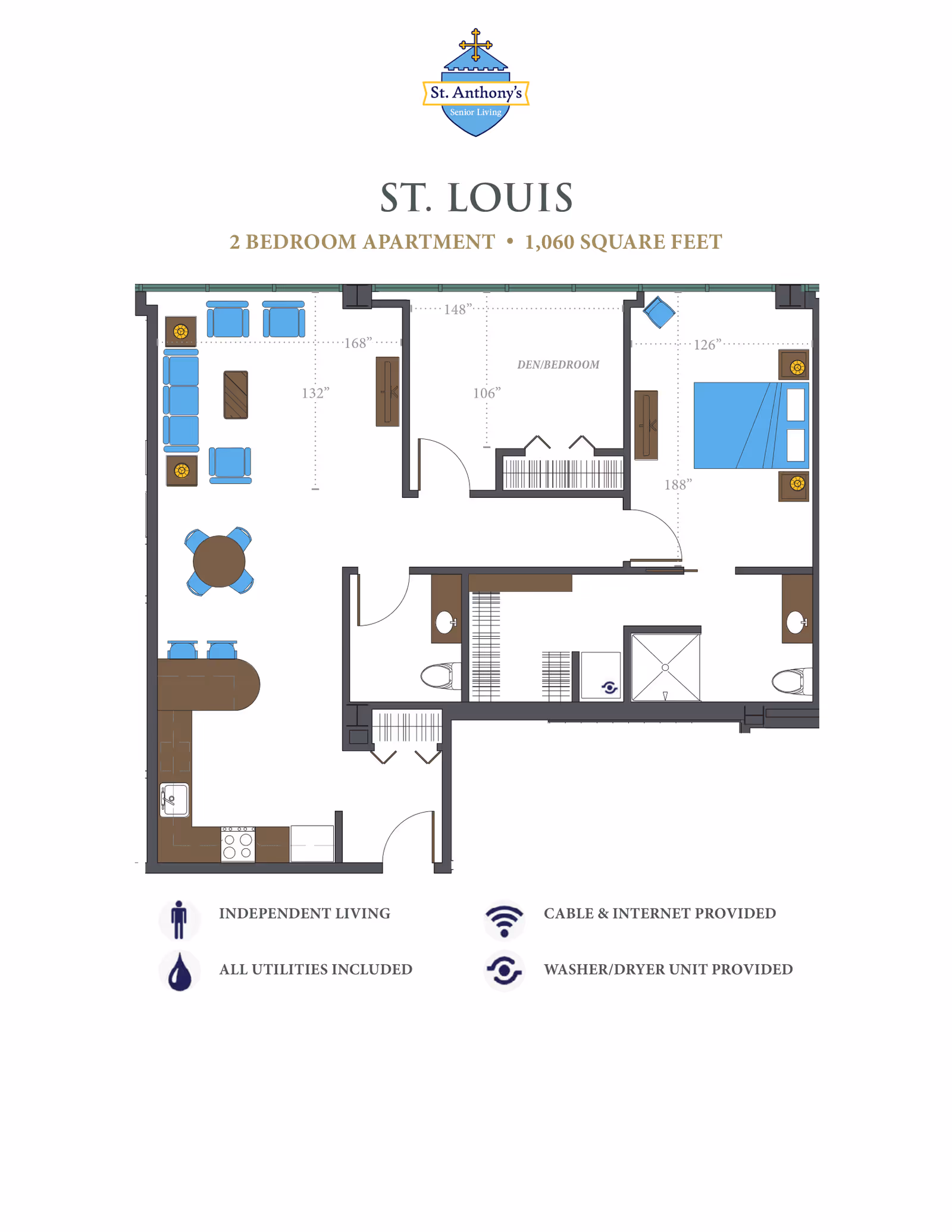 Floor plan of a 2 bedroom apartment named St. Louis at St. Anthony’s Senior Living, showing layout with living room, kitchen, two bedrooms, two bathrooms, and den/bedroom area. The plan includes furniture placement and measurements, and icons indicating independent living, all utilities included, cable & internet provided, and washer/dryer unit provided.