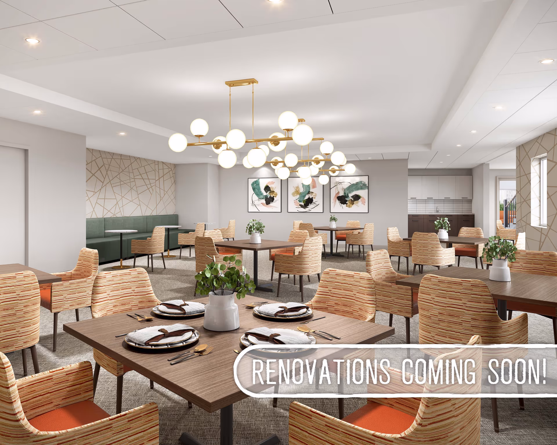 A modern dining room with multiple wooden tables set with plates, napkins, and cutlery. The chairs have a striped pattern with orange cushions. The room features a large, contemporary chandelier with globe lights, abstract wall art, and green plants in white vases on the tables. The space has a neutral color palette with beige walls and carpet, and a green cushioned bench along one wall.