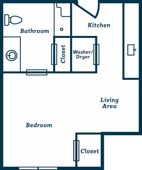 Floor plan layout of a living space at Everlan of Louisville showing a bedroom, bathroom, kitchen, living area, two closets, and a washer/dryer area.