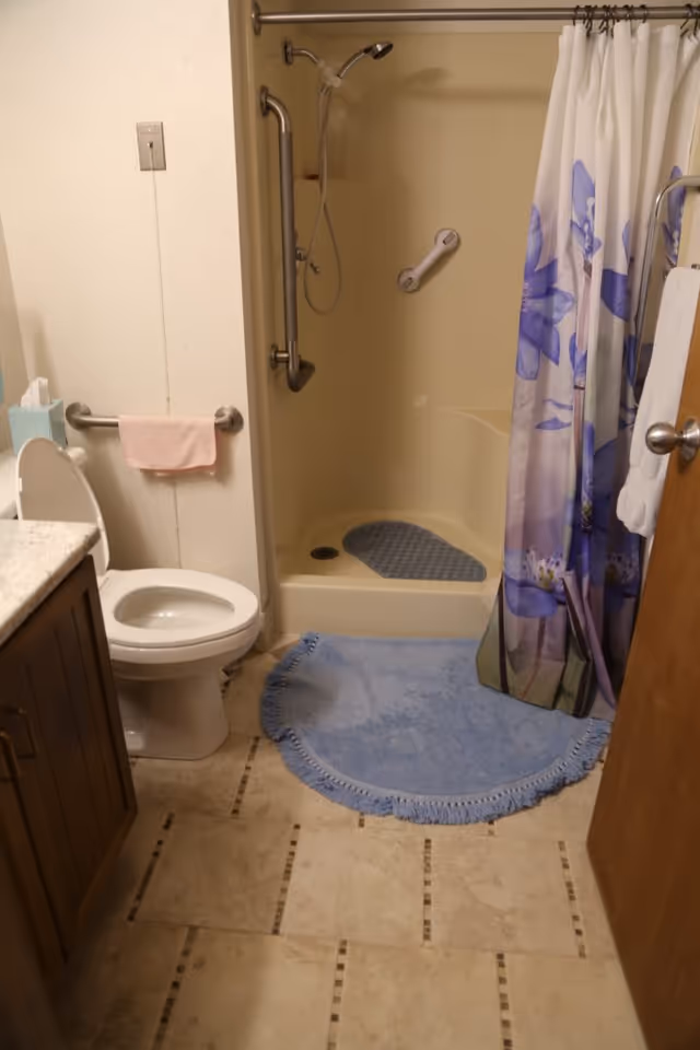 Small bathroom showing a toilet, vanity, walk-in shower with grab bars and a floral shower curtain, and a blue bath mat.
