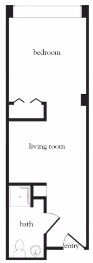 Floor plan layout showing a studio apartment with labeled areas for bedroom, living room, bath, and entry. The bath includes a toilet, sink, and shower.