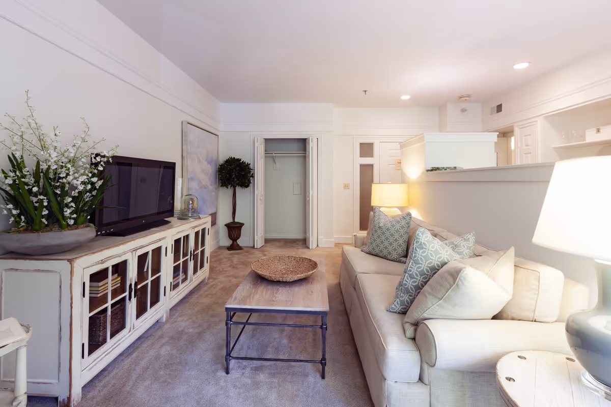 Bright living room with a beige sofa and patterned pillows, a wooden coffee table, TV on a distressed white console, and soft neutral decor.