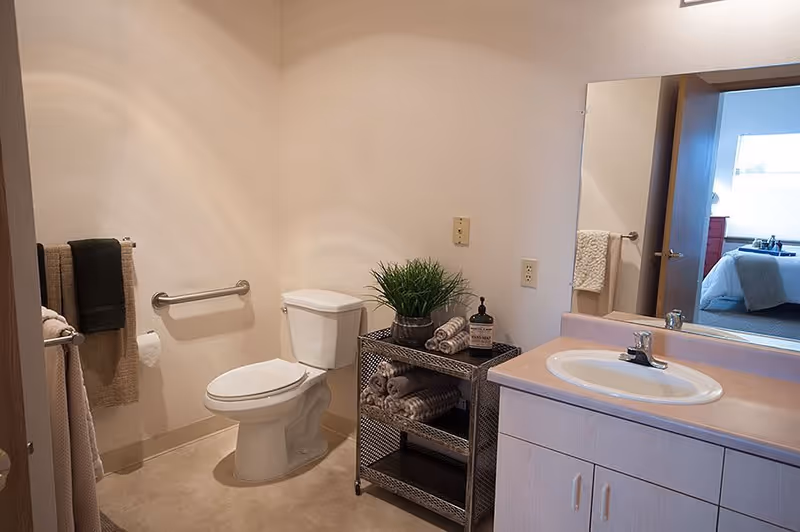 A clean bathroom with a white toilet, a metal rack holding rolled towels and a potted plant, a sink with a countertop and a large mirror reflecting a bedroom in the background. Towels hang on a rack beside the toilet.