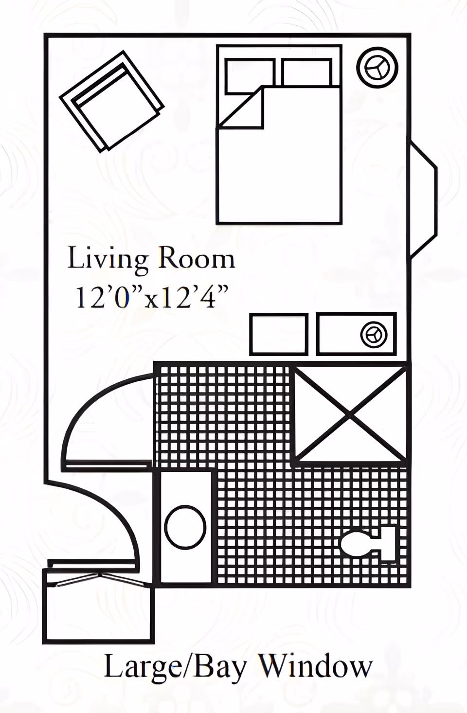 Architectural floor plan of a living room measuring 12 feet by 12 feet 4 inches, featuring a bed, two chairs, a round table, a large/bay window, and an attached bathroom with a toilet, sink, and shower.