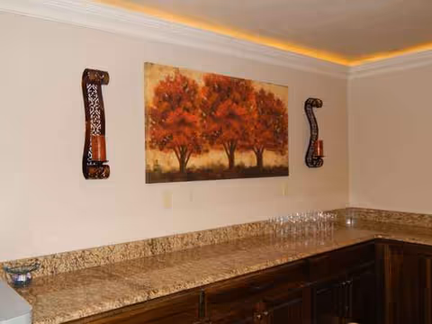 Granite countertop with dark wood cabinets, wall art of trees, and warm ceiling lighting.