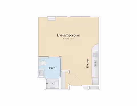 Studio floor plan showing a combined living/bedroom area, kitchenette, and a separate bathroom.
