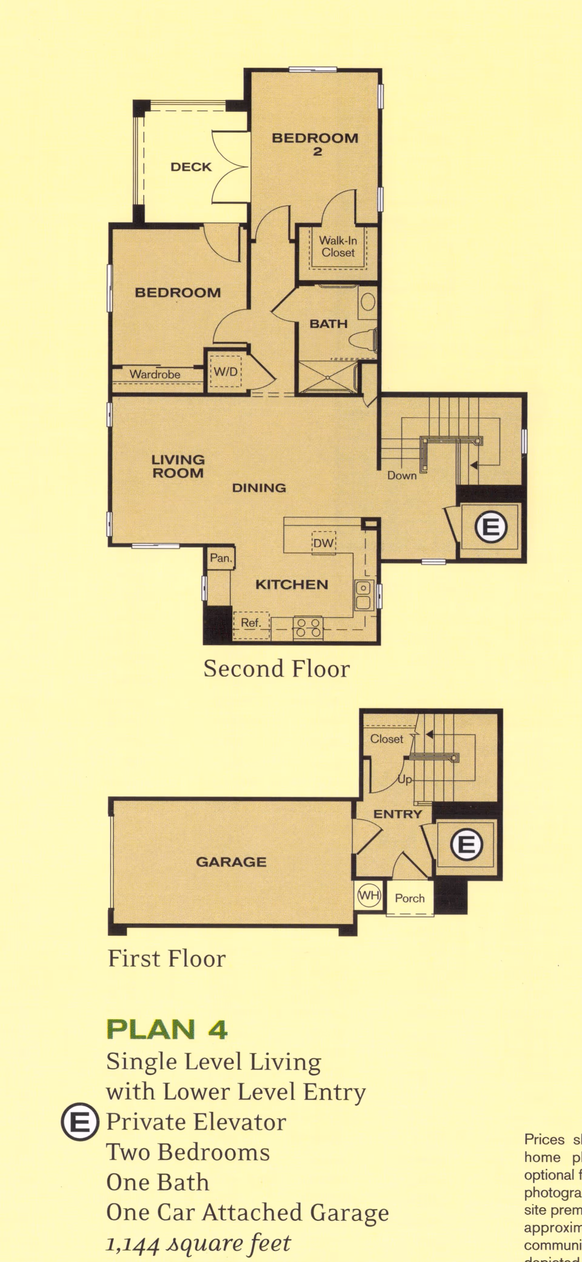 Architectural floor plan of a two-level residential unit named Plan 4 at Peppertree. The first floor includes a garage, entry, porch, closet, and private elevator. The second floor features two bedrooms, one with a walk-in closet, a bathroom, a living room, dining area, kitchen with pantry, washer/dryer, deck, and stairs connecting the floors. The plan highlights single level living with lower level entry and a private elevator, covering 1,144 square feet.