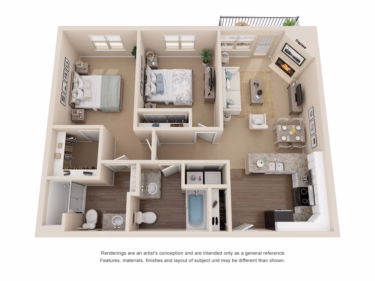 3D floor plan of a residential unit featuring two bedrooms, a living room with a fireplace, a dining area, a kitchen with appliances and a sink, a bathroom with a bathtub and a separate shower, and a laundry area with a washer and dryer. The living room opens to a small balcony with outdoor seating.