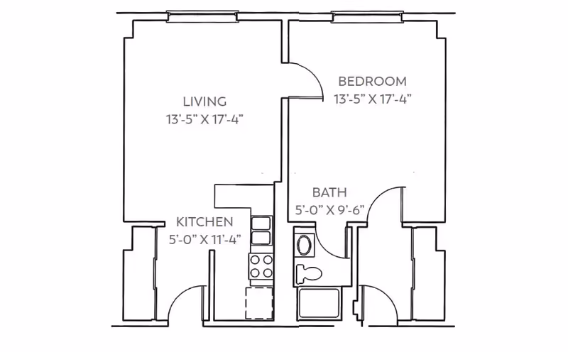 Architectural floor plan of a one-bedroom apartment at Baptist Retirement Community, showing a living room, bedroom, kitchen, and bathroom with dimensions.