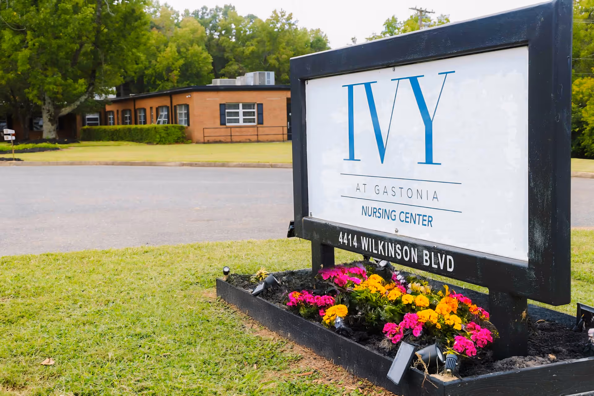Outdoor view of The Ivy at Gastonia Nursing Center sign with colorful flowers planted at its base, a paved road, and a brick building with windows and trees in the background.