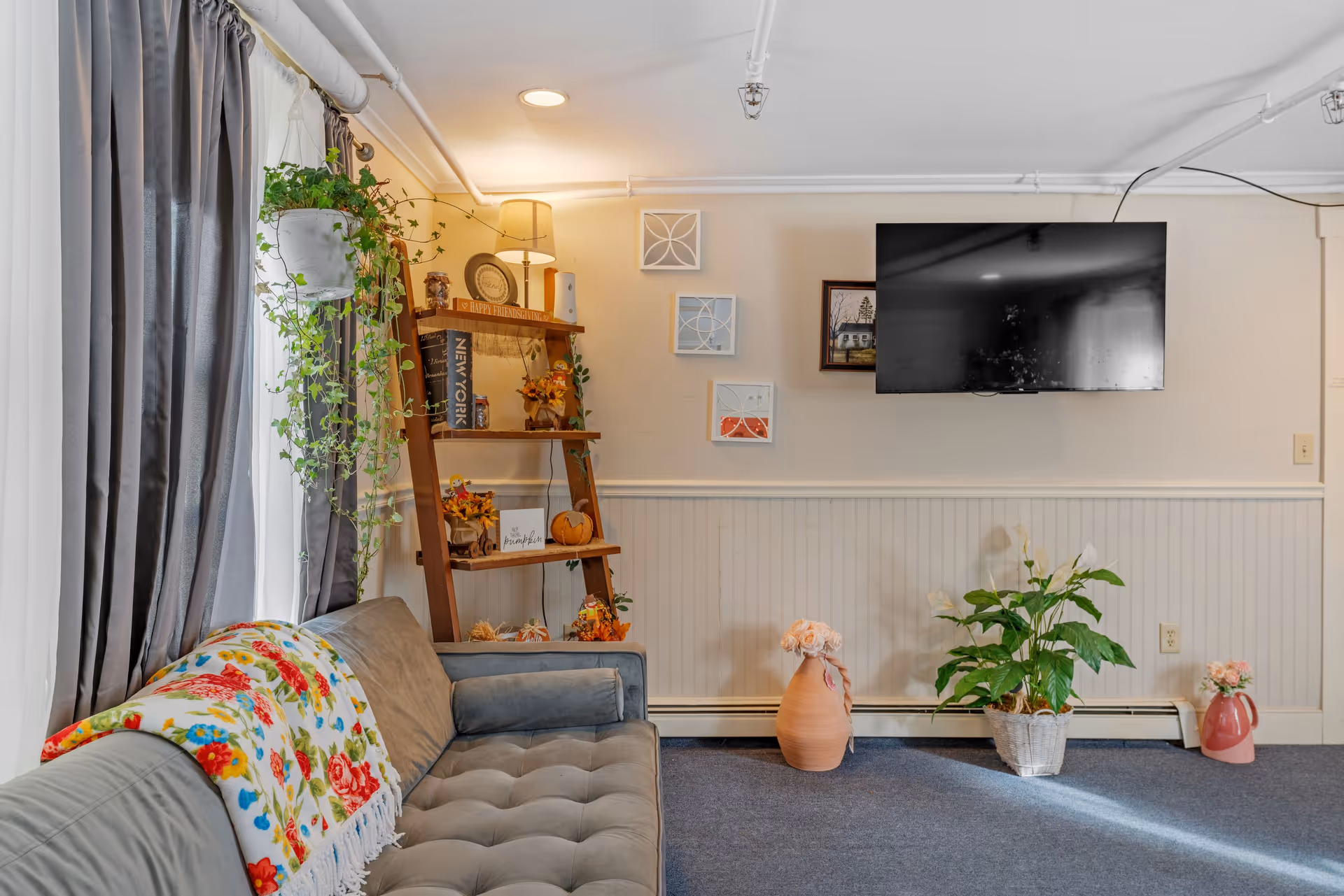 A cozy living room with a gray tufted sofa draped with a colorful floral blanket. Next to the sofa is a wooden ladder shelf decorated with plants, books, and autumn-themed ornaments. A flat-screen TV is mounted on the wall above three small framed artworks. Several potted plants and flower arrangements are placed on the floor against the wall. The room has blue carpet flooring, white walls with wainscoting, and gray and white curtains covering a window.