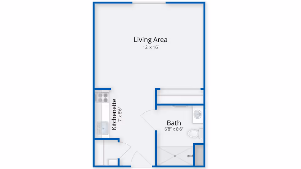 Floor plan of a senior living unit at Benchmark Senior Living at Hamden showing a living area measuring 12 feet by 16 feet, a kitchenette measuring 7 feet by 8 feet 6 inches, and a bathroom measuring 6 feet 8 inches by 8 feet 6 inches.