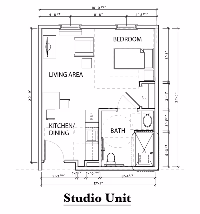 Architectural floor plan of a studio unit at Oasis at 56th showing a combined living area and kitchen/dining space, a bedroom area, and a bathroom with a shower, toilet, and sink. Dimensions and labels for each area are included.