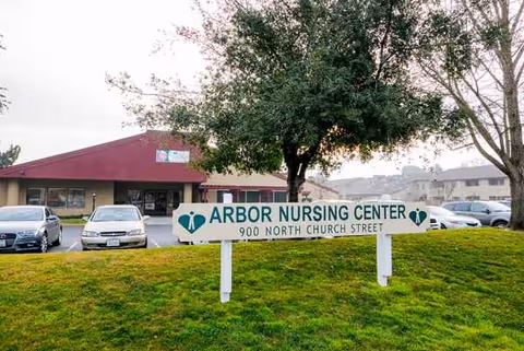 Exterior view of Arbor Rehabilitation and Nursing Center with sign, trees, and parked cars.