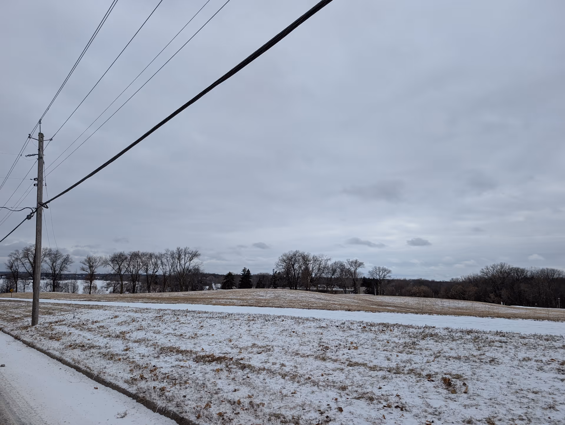 Snow-covered grassy field with a few scattered trees in the distance under a cloudy sky. A utility pole with power lines runs diagonally across the left side of the image.