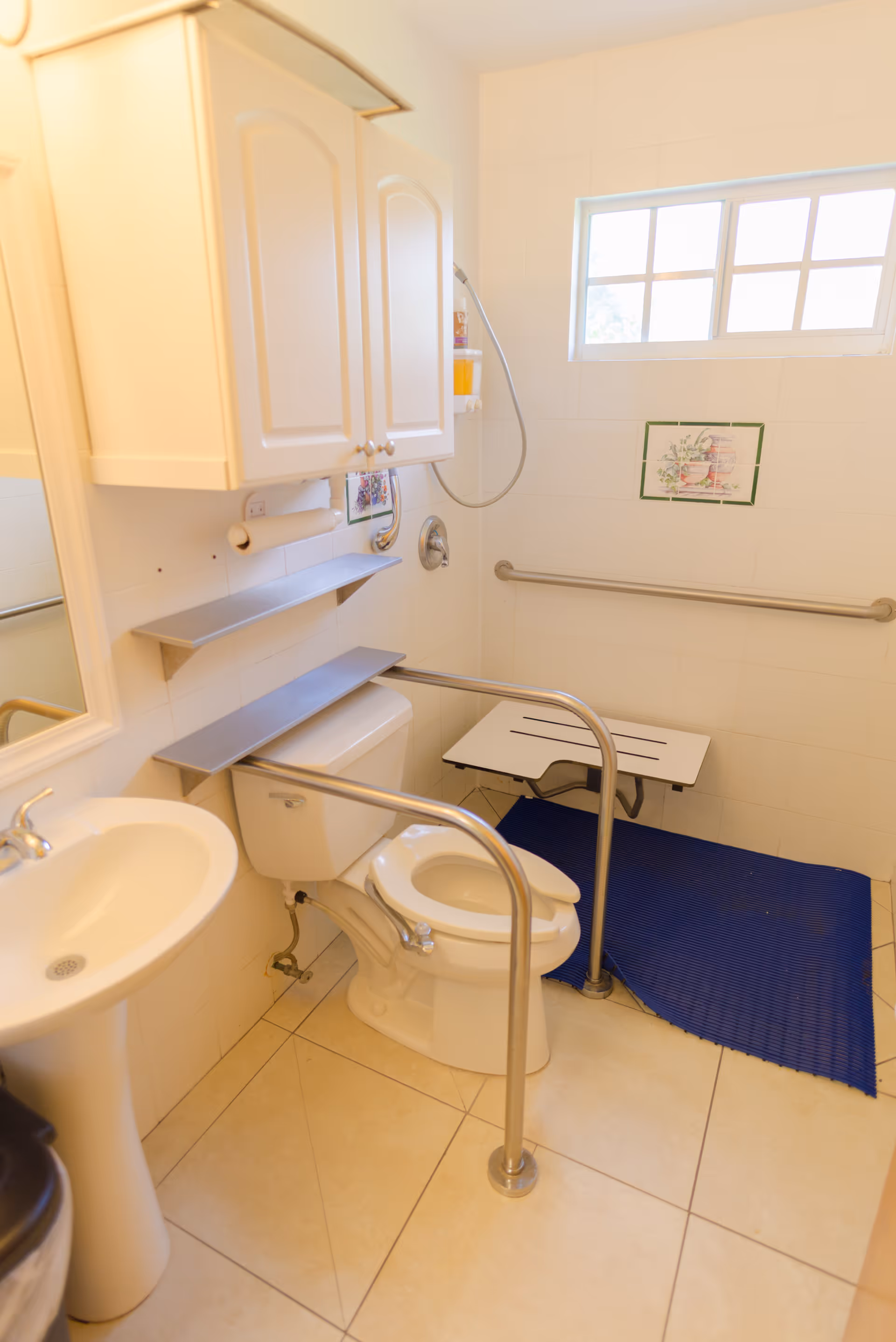 A clean, accessible bathroom with a white toilet equipped with safety rails, a white pedestal sink, a wall-mounted cabinet, a shower area with a foldable seat, grab bars, and a blue non-slip mat on the floor. There is a small window providing natural light.