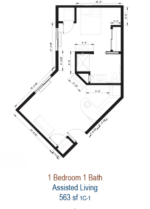 Black-and-white floor plan drawing of a 1-bedroom, 1-bath assisted living unit (563 sq ft).
