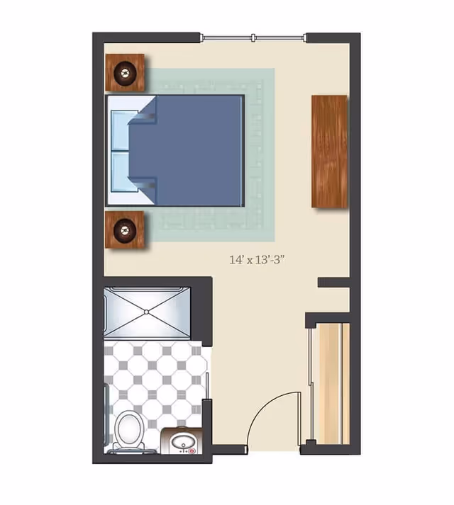 Floor plan of a room measuring 14 feet by 13 feet 3 inches, featuring a bed with two nightstands, a dresser, a closet, and an attached bathroom with a toilet, sink, and shower.
