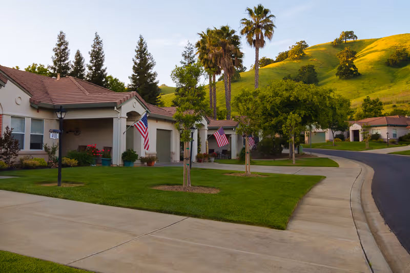 A peaceful residential street in a senior living community with single-story houses featuring garages, American flags displayed outside, well-maintained lawns, young trees, and a backdrop of green hills under a clear sky.