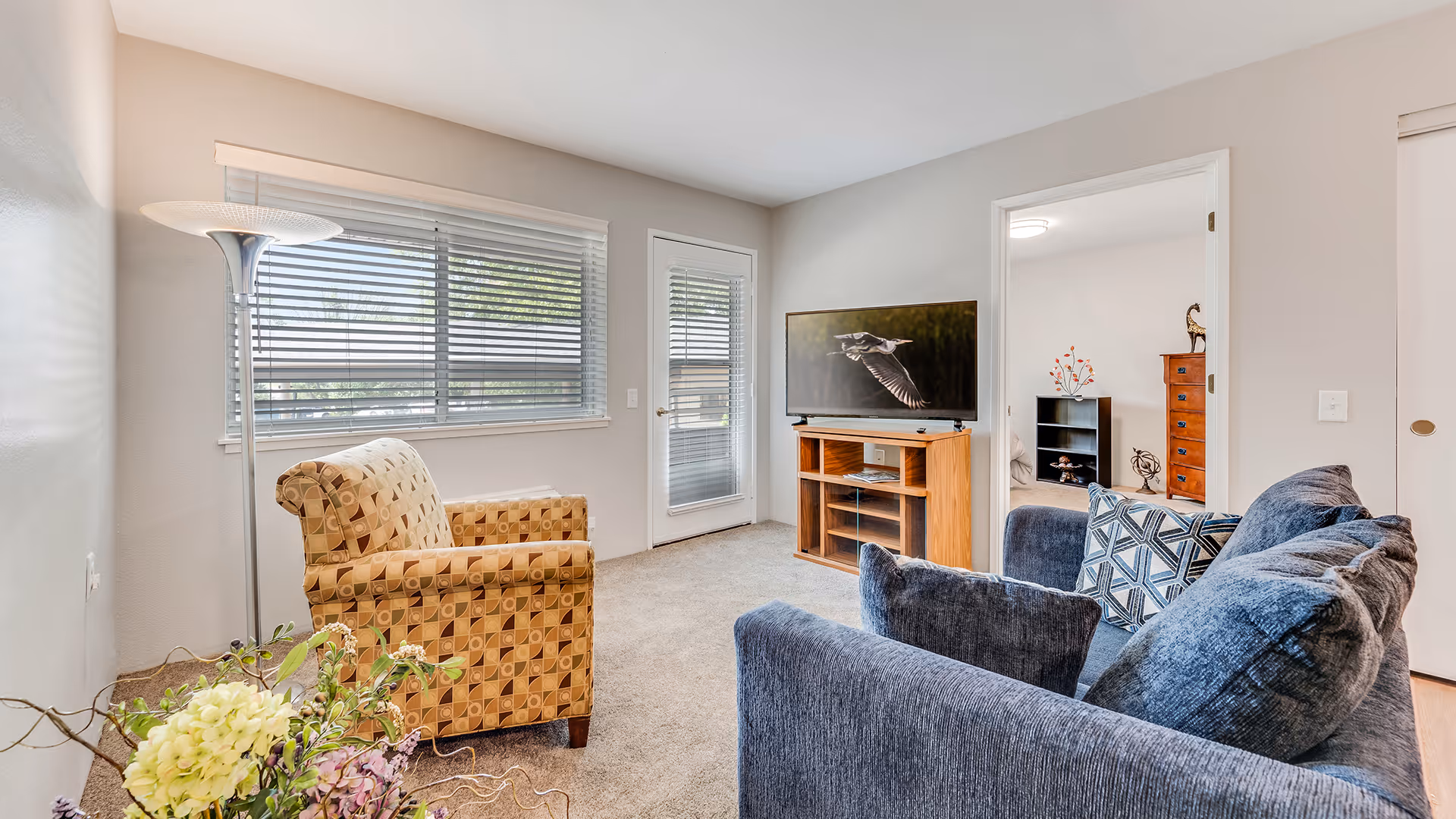 A bright living room with a patterned armchair, a blue sofa with cushions, a wooden TV stand with a flat-screen TV displaying a bird in flight, a floor lamp, and a window with blinds. There is a door leading to another room with visible furniture including a dresser and a bookshelf.