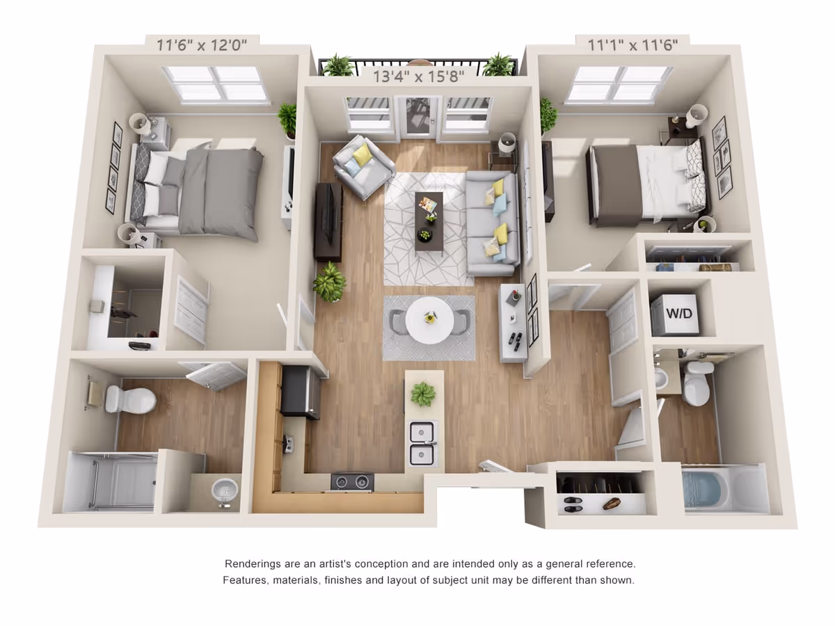 3D floor plan of a two-bedroom apartment featuring a living room with sofa, armchair, coffee table, TV, and dining table. The kitchen includes a stove, sink, and refrigerator. There are two bedrooms, each with a bed, nightstands, and closets. The apartment also has two bathrooms, a washer/dryer area, and a balcony with outdoor seating.