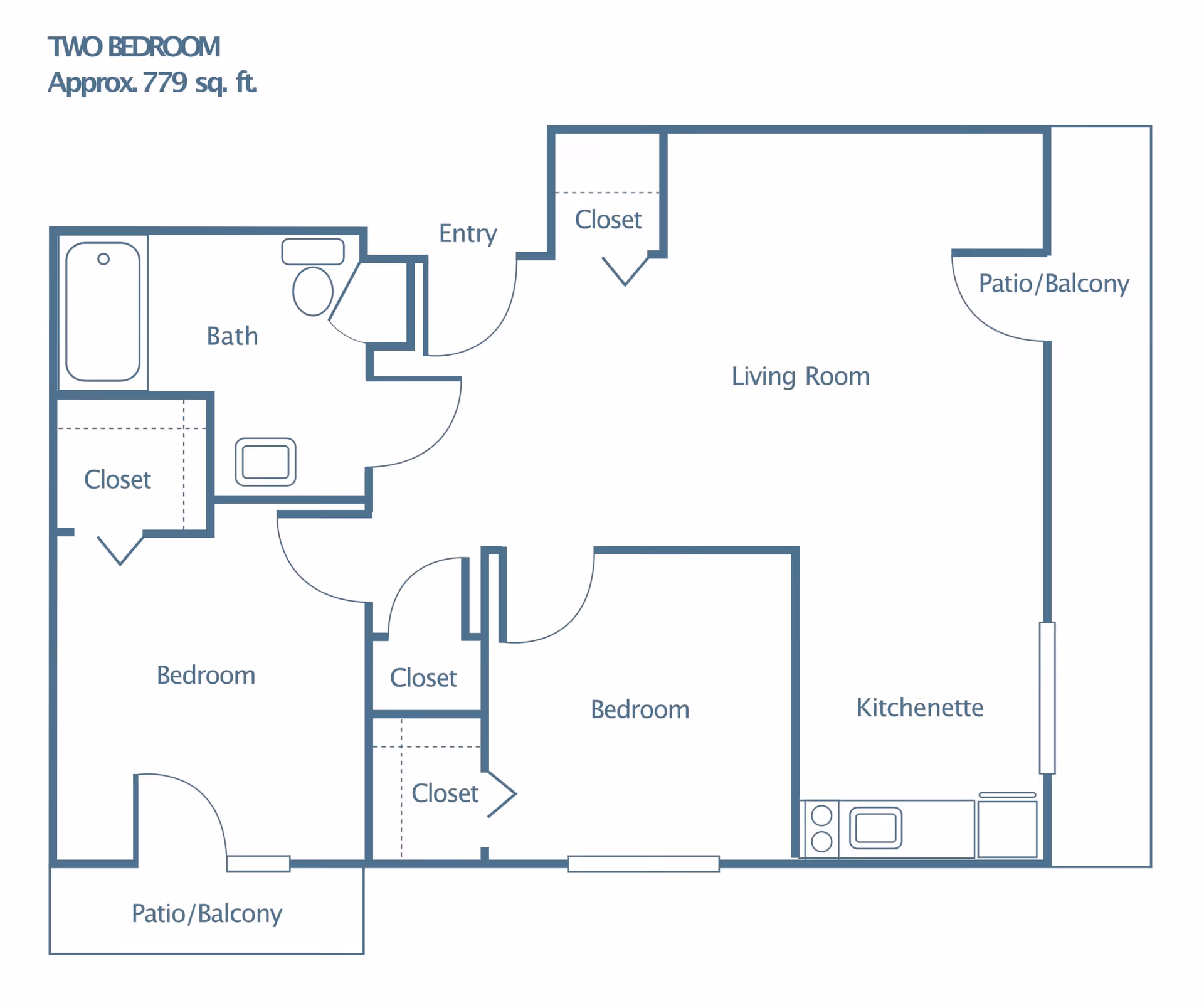 Floor plan of a two-bedroom apartment approximately 779 square feet, showing entry, two bedrooms each with closets, a bathroom, a living room, a kitchenette, and two patios/balconies.